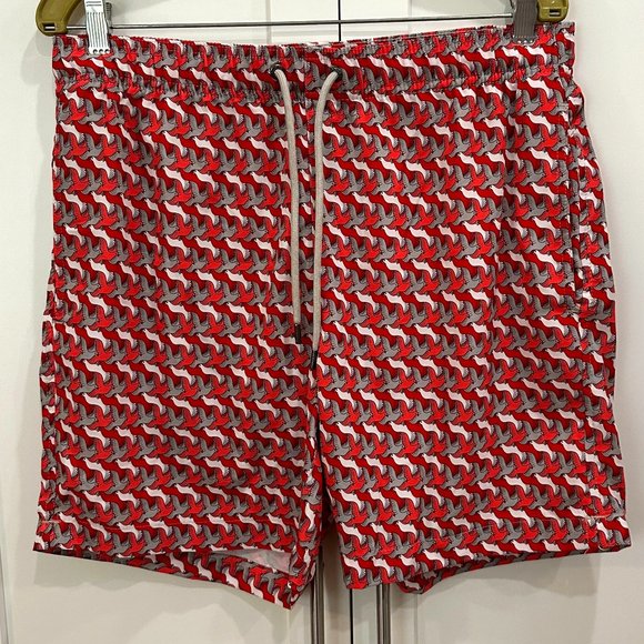 Mr. Swim Men's Bathing Suit, Red with Gray, Pink & White Doves - Picture 1 of 7